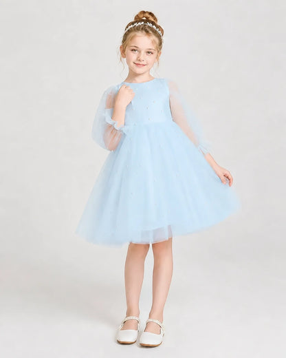 Dideyttawl Pearl Tulle Girl Formal Dress with Puff Sleeves
