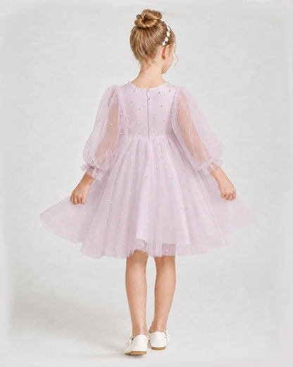 Dideyttawl Pearl Tulle Girl Formal Dress with Puff Sleeves