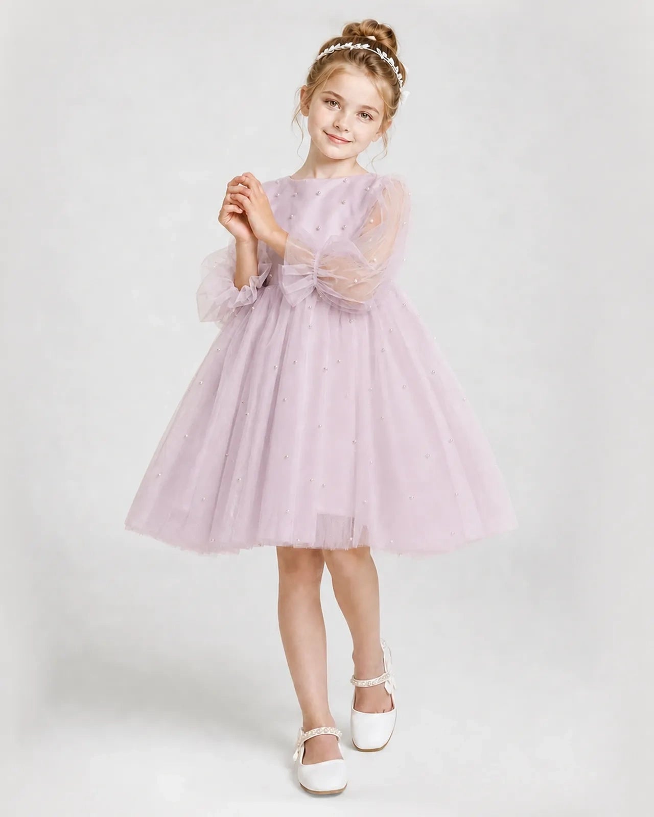Dideyttawl Pearl Tulle Girl Formal Dress with Puff Sleeves