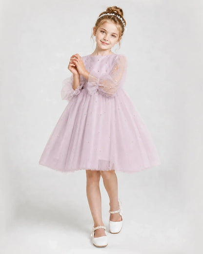 Dideyttawl Pearl Tulle Girl Formal Dress with Puff Sleeves