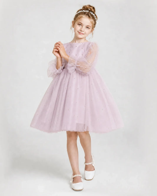 Blush pink tulle A-line girls formal dresses front view