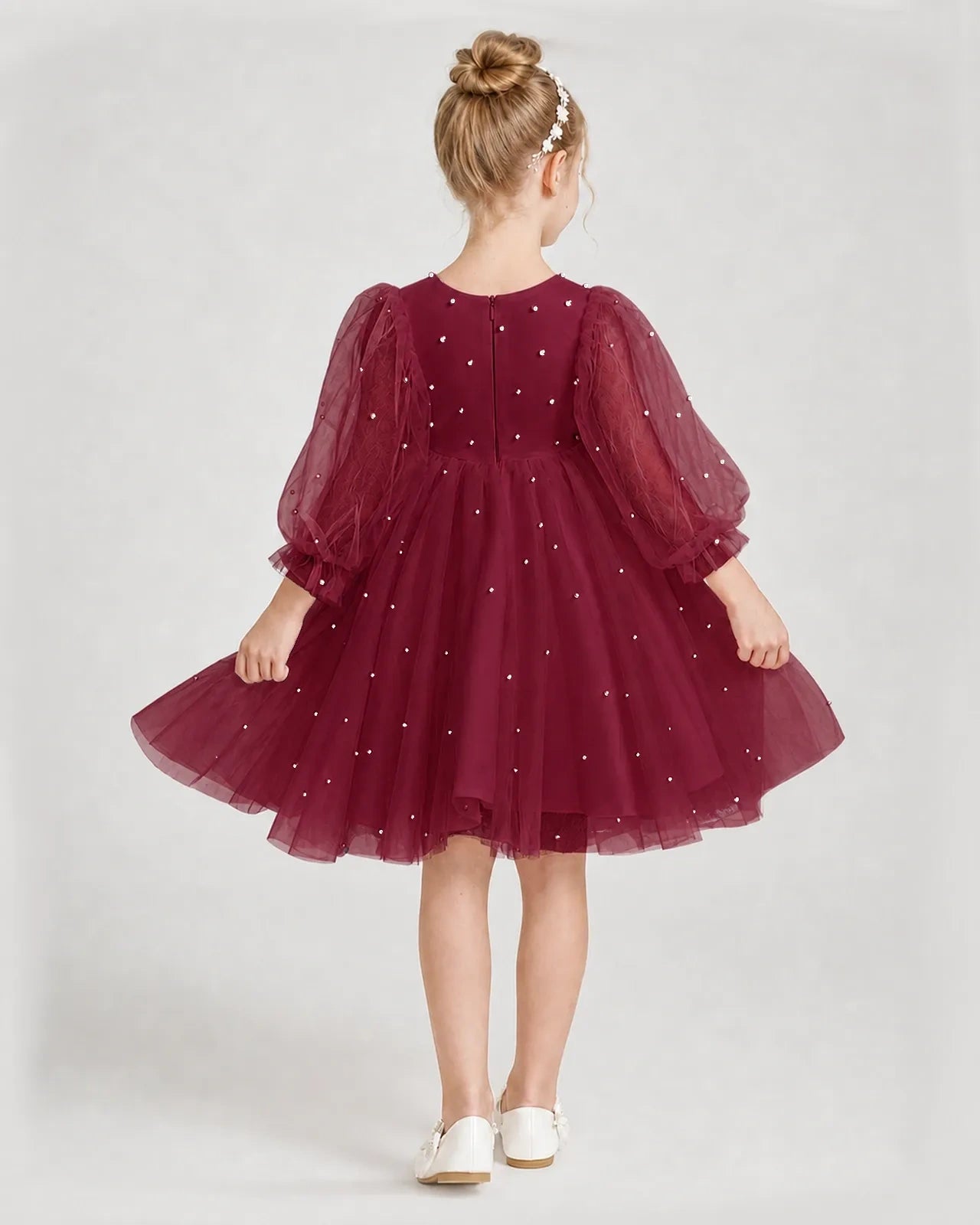 Dideyttawl Pearl Tulle Girl Formal Dress with Puff Sleeves