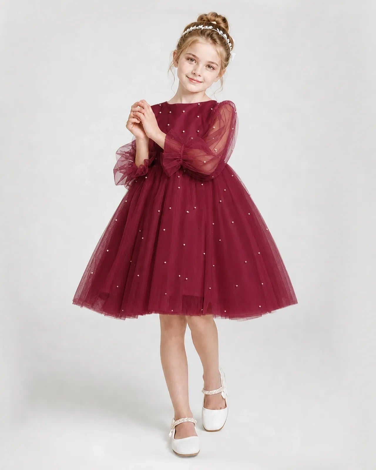 Dideyttawl Pearl Tulle Girl Formal Dress with Puff Sleeves
