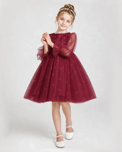 Dideyttawl Pearl Tulle Girl Formal Dress with Puff Sleeves