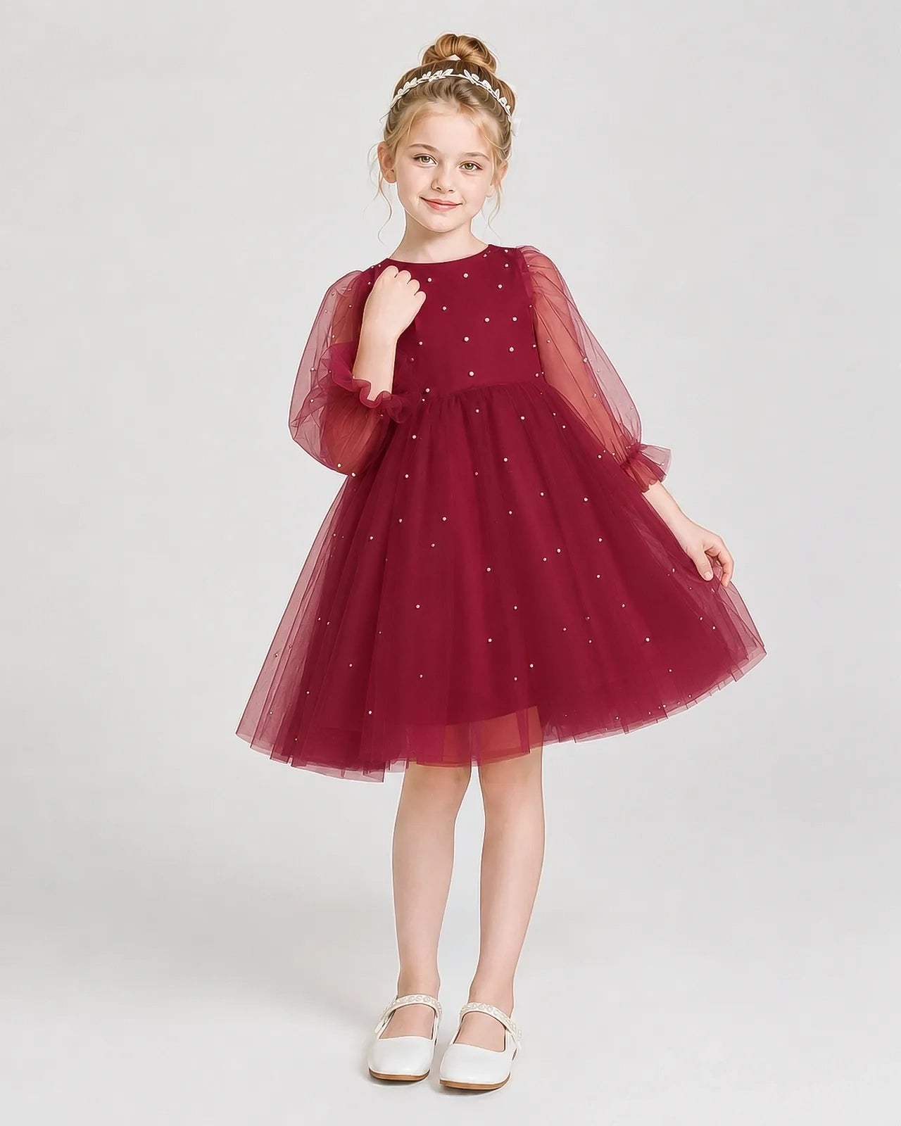 Dideyttawl Pearl Tulle Girl Formal Dress with Puff Sleeves