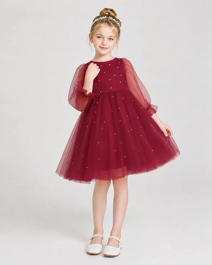 Dideyttawl Pearl Tulle Girl Formal Dress with Puff Sleeves