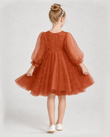 Dideyttawl Pearl Tulle Girl Formal Dress with Puff Sleeves
