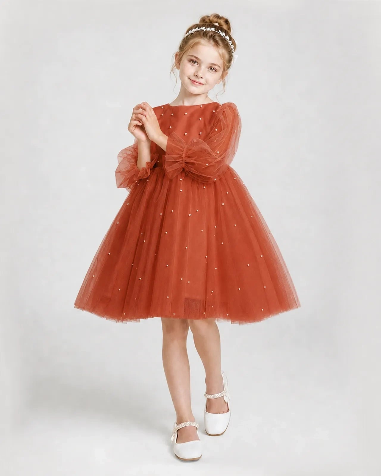 Dideyttawl Pearl Tulle Girl Formal Dress with Puff Sleeves