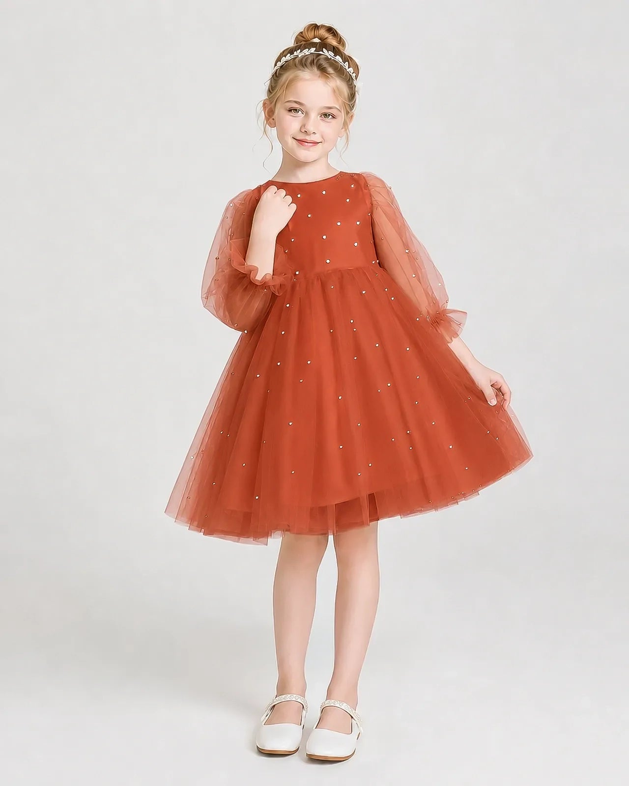 Dideyttawl Pearl Tulle Girl Formal Dress with Puff Sleeves