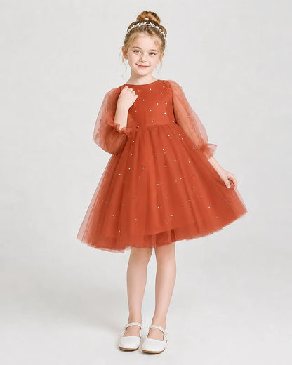 Dideyttawl Pearl Tulle Girl Formal Dress with Puff Sleeves