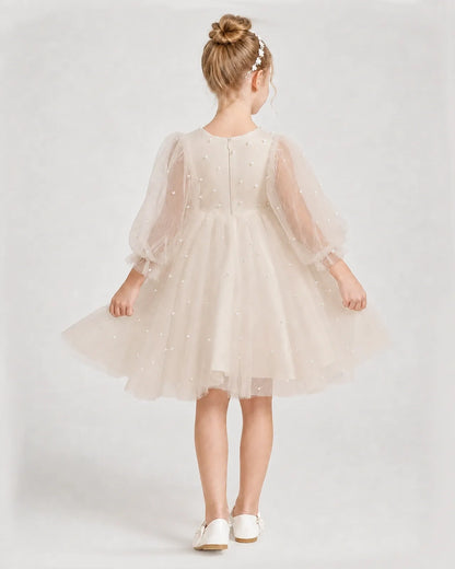 Dideyttawl Pearl Tulle Girl Formal Dress with Puff Sleeves