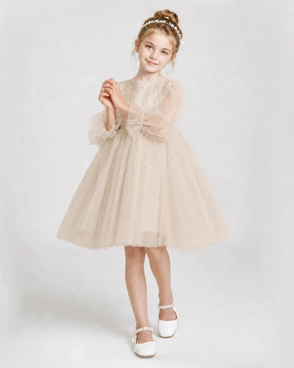 Dideyttawl Pearl Tulle Girl Formal Dress with Puff Sleeves