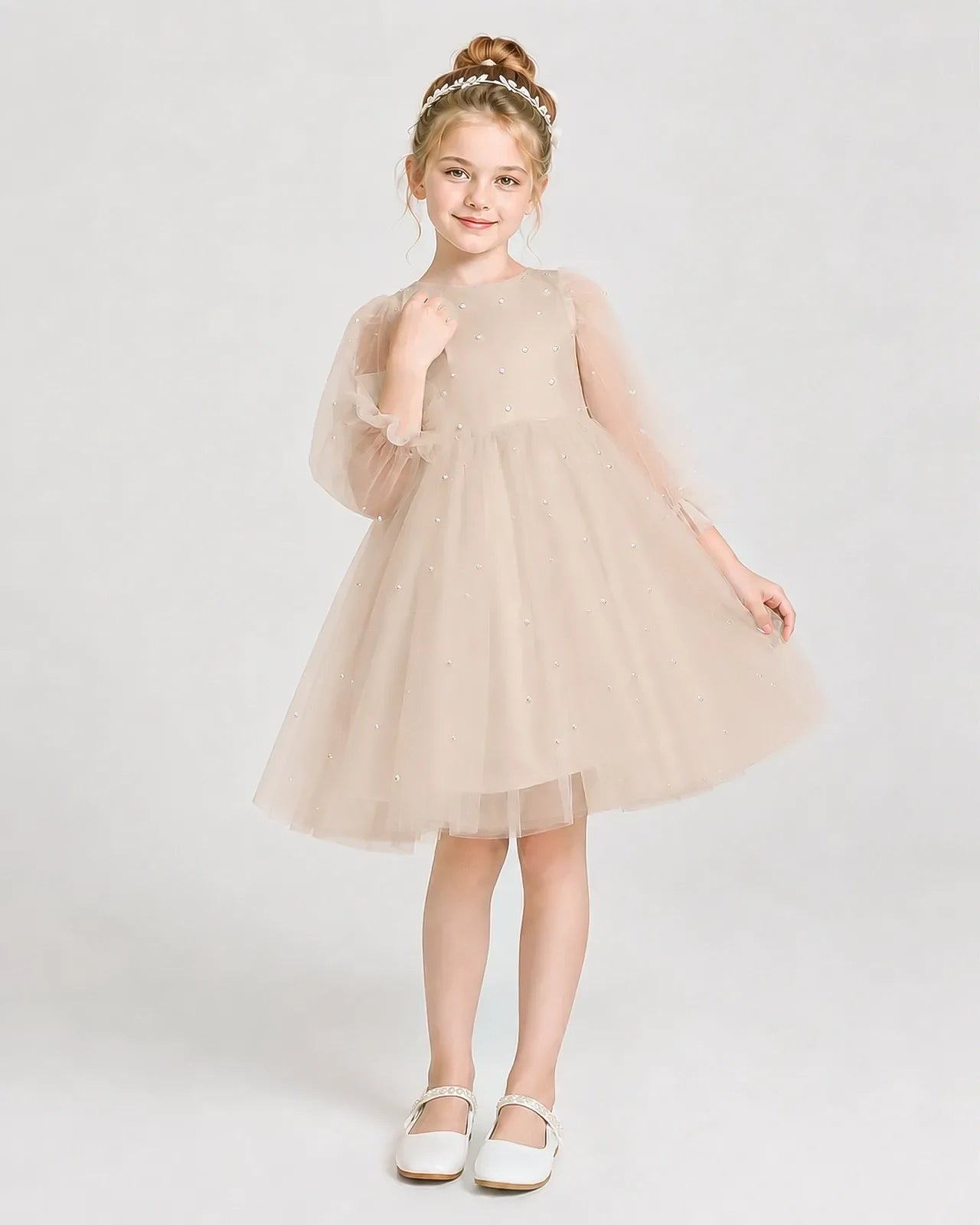 Dideyttawl Pearl Tulle Girl Formal Dress with Puff Sleeves