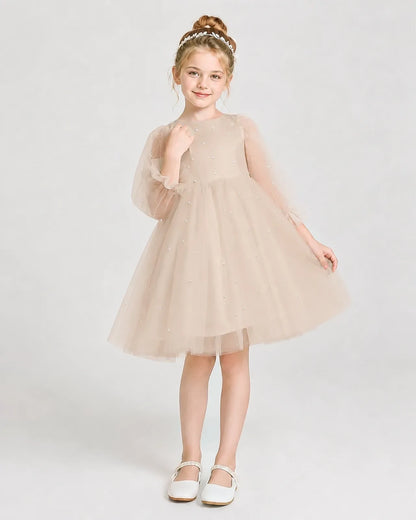 Dideyttawl Pearl Tulle Girl Formal Dress with Puff Sleeves