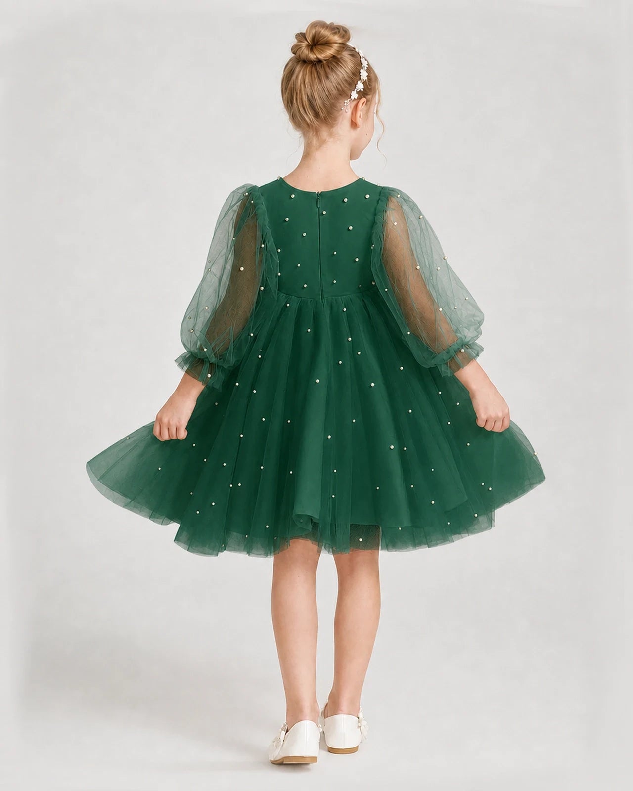 Dideyttawl Pearl Tulle Girl Formal Dress with Puff Sleeves