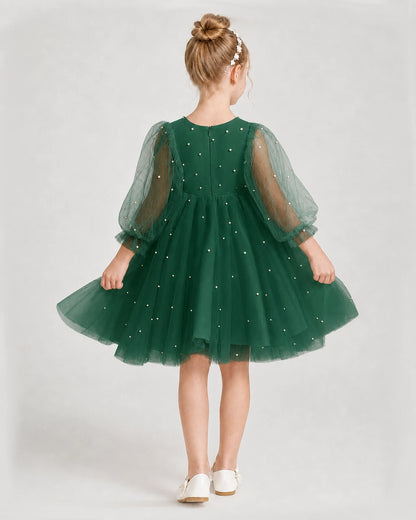 Dideyttawl Pearl Tulle Girl Formal Dress with Puff Sleeves