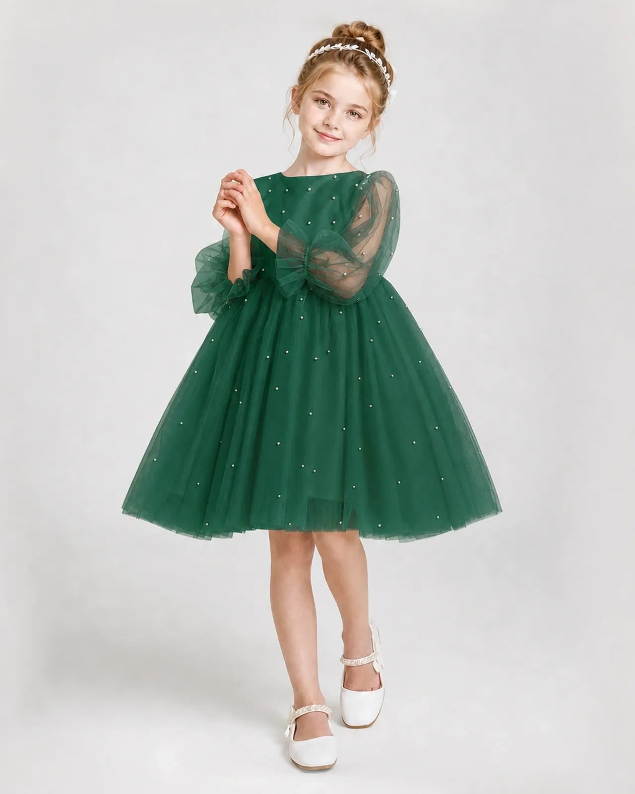 Dideyttawl Pearl Tulle Girl Formal Dress with Puff Sleeves