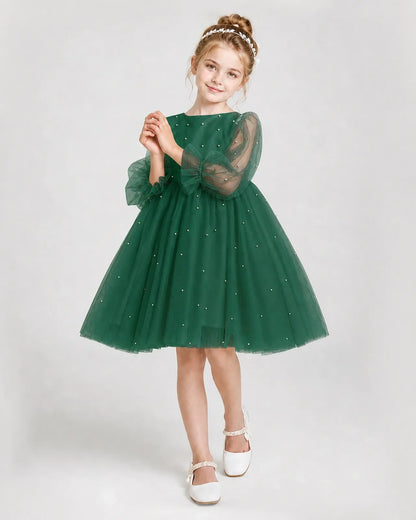 Dideyttawl Pearl Tulle Girl Formal Dress with Puff Sleeves