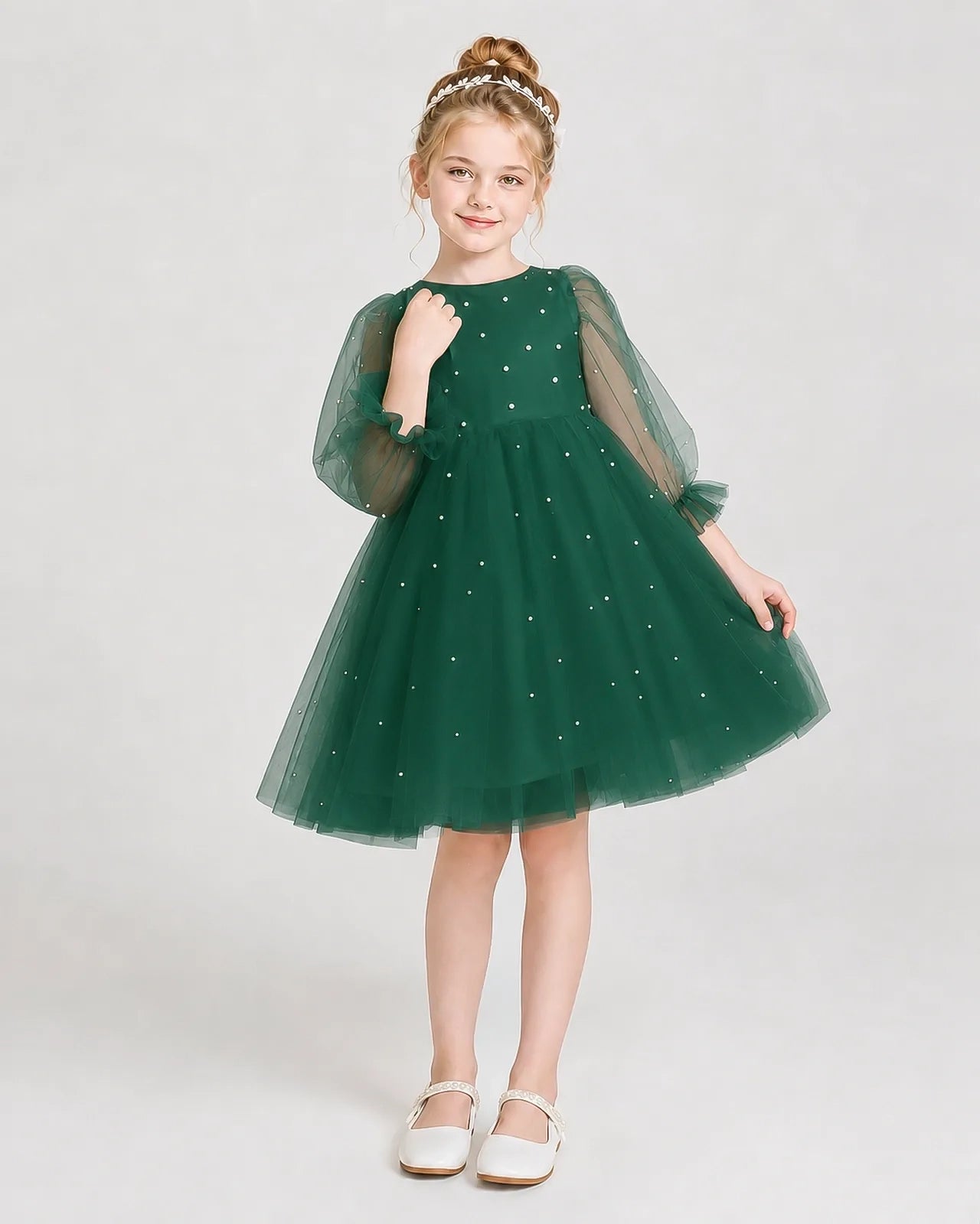 Dideyttawl Pearl Tulle Girl Formal Dress with Puff Sleeves