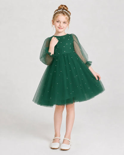 Dideyttawl Pearl Tulle Girl Formal Dress with Puff Sleeves