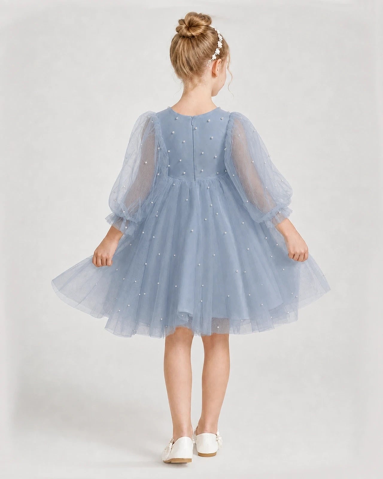 Dideyttawl Pearl Tulle Girl Formal Dress with Puff Sleeves