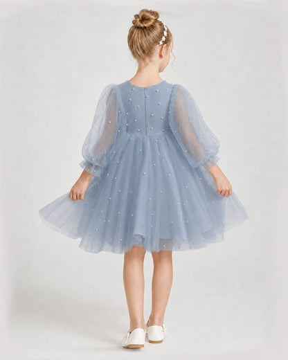 Dideyttawl Pearl Tulle Girl Formal Dress with Puff Sleeves