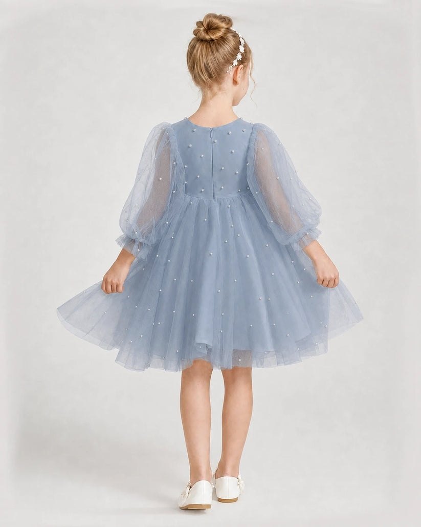 Dusty Blue Tulle A-Line Girls Formal Dresses Back View