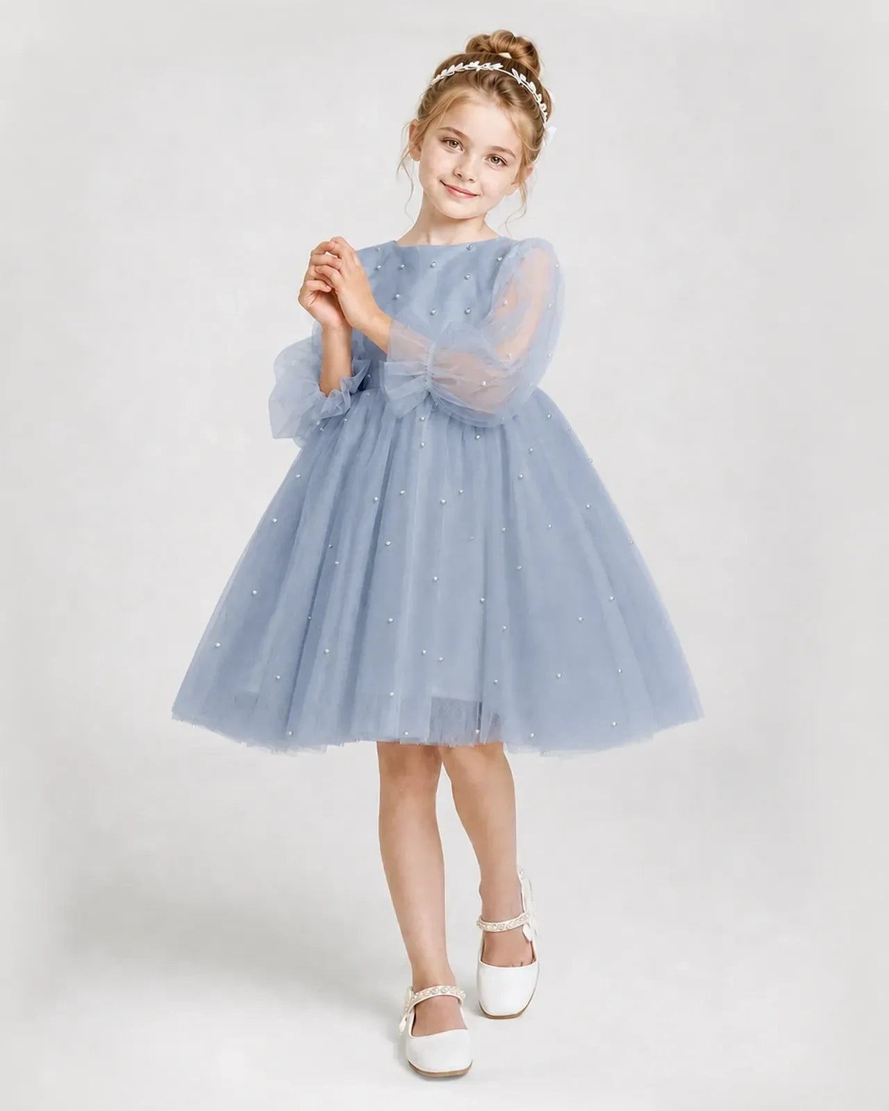 Dideyttawl Pearl Tulle Girl Formal Dress with Puff Sleeves