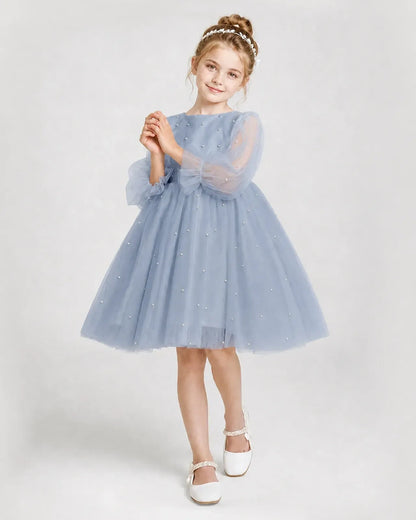 Dideyttawl Pearl Tulle Girl Formal Dress with Puff Sleeves