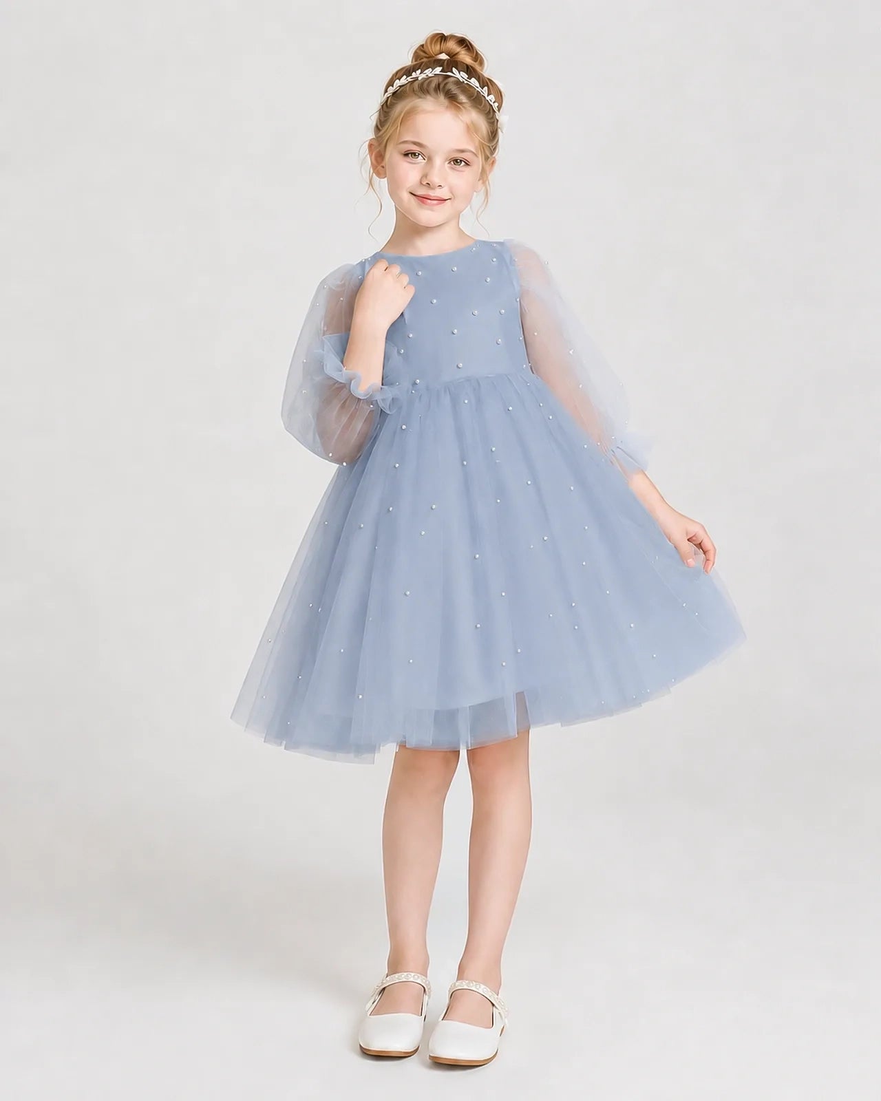 Dideyttawl Pearl Tulle Girl Formal Dress with Puff Sleeves