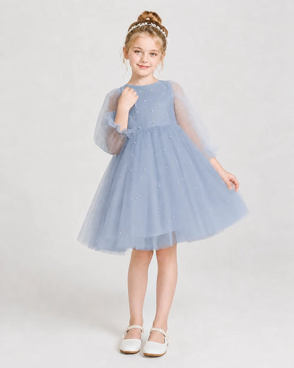 Dideyttawl Pearl Tulle Girl Formal Dress with Puff Sleeves