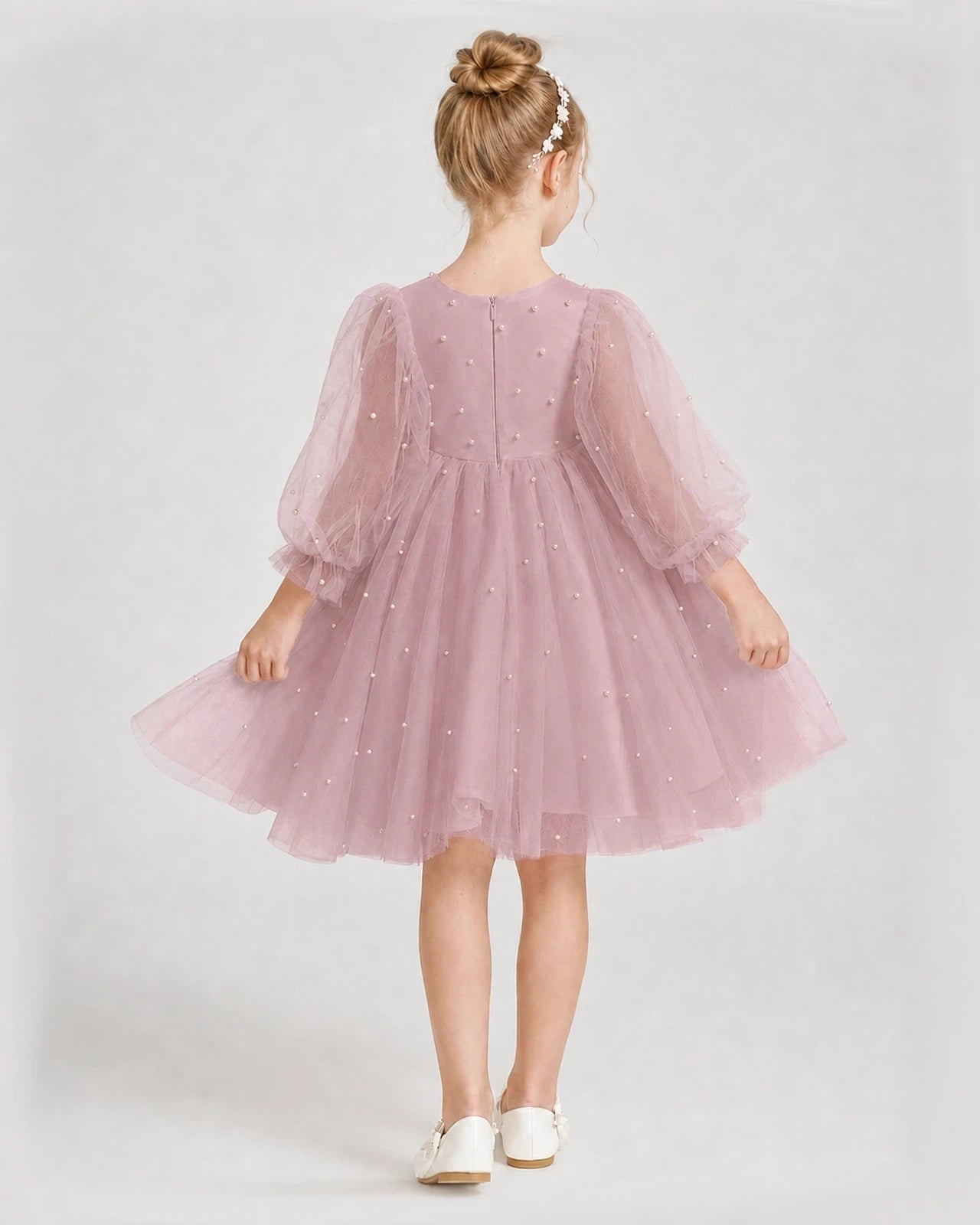 Dideyttawl Pearl Tulle Girl Formal Dress with Puff Sleeves