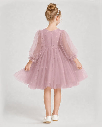 Dideyttawl Pearl Tulle Girl Formal Dress with Puff Sleeves
