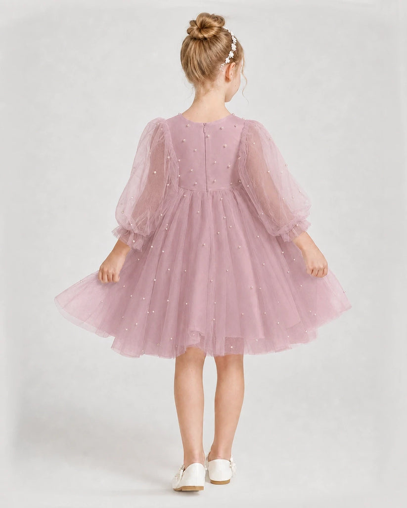 Dusty Rose Tulle A-Line Girls Formal Dresses Back View