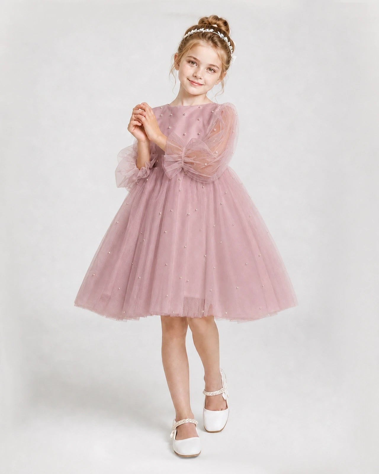 Dideyttawl Pearl Tulle Girl Formal Dress with Puff Sleeves