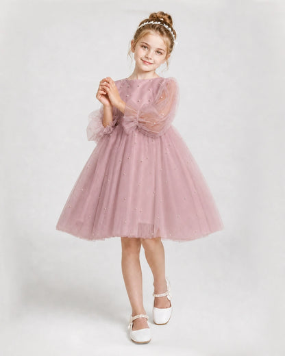 Dideyttawl Pearl Tulle Girl Formal Dress with Puff Sleeves