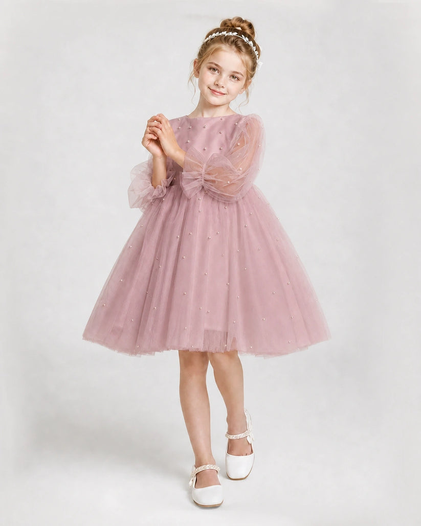 Dusty Rose Tulle A-Line Girls Formal Dresses Front View