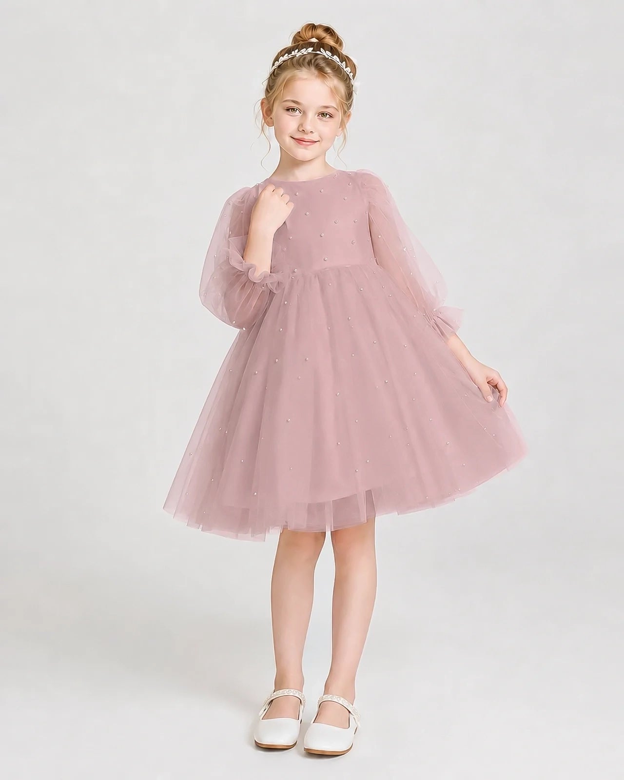 Dideyttawl Pearl Tulle Girl Formal Dress with Puff Sleeves