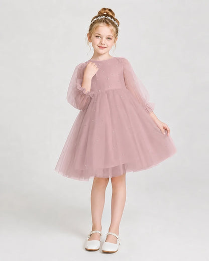 Dideyttawl Pearl Tulle Girl Formal Dress with Puff Sleeves