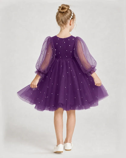 Dideyttawl Pearl Tulle Girl Formal Dress with Puff Sleeves