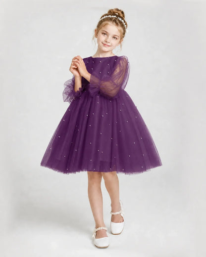 Dideyttawl Pearl Tulle Girl Formal Dress with Puff Sleeves