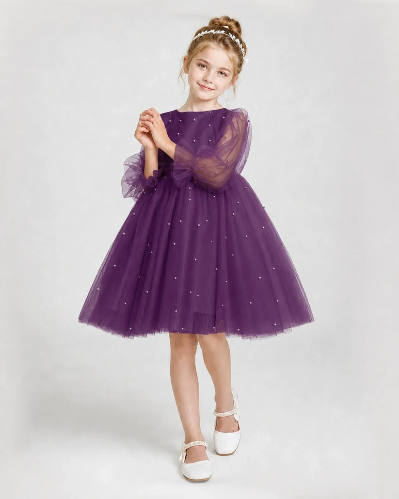 Grape Tulle A-line Girls Formal Dresses Front View