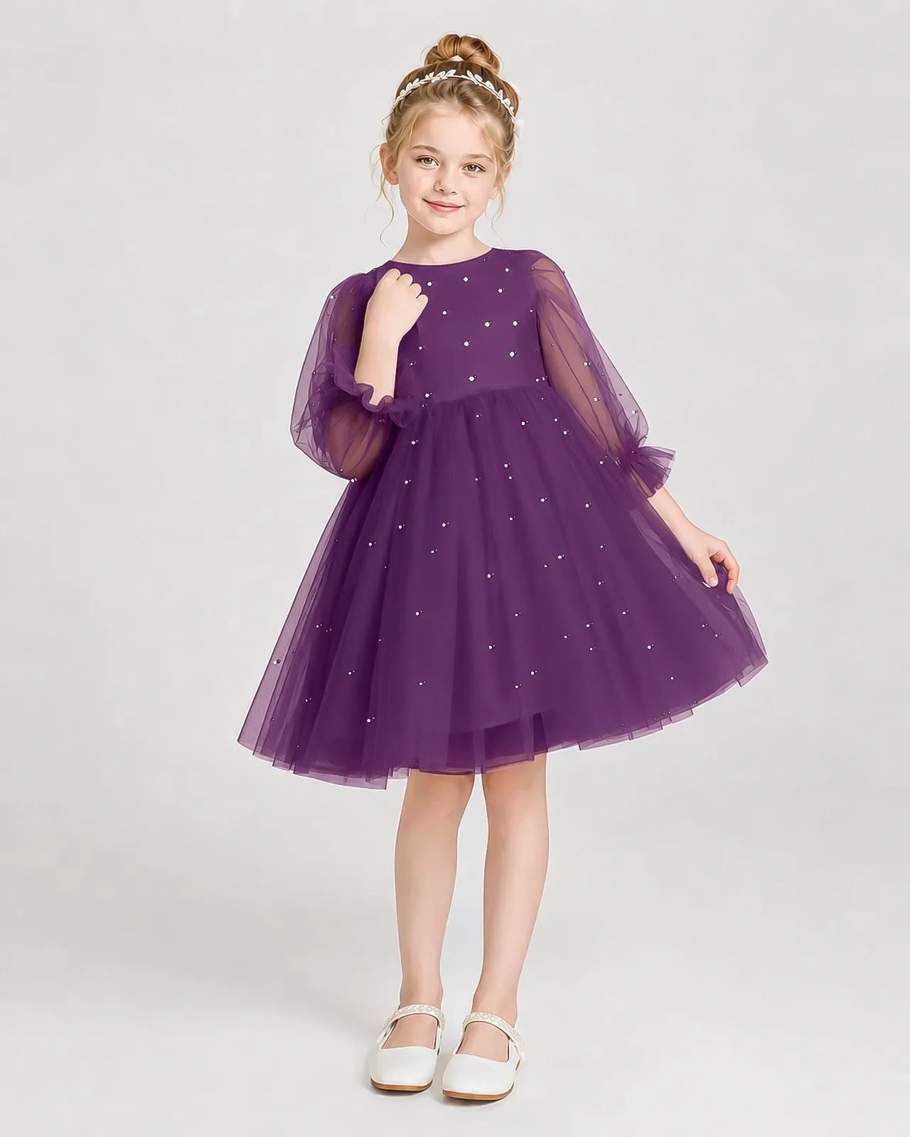 Dideyttawl Pearl Tulle Girl Formal Dress with Puff Sleeves