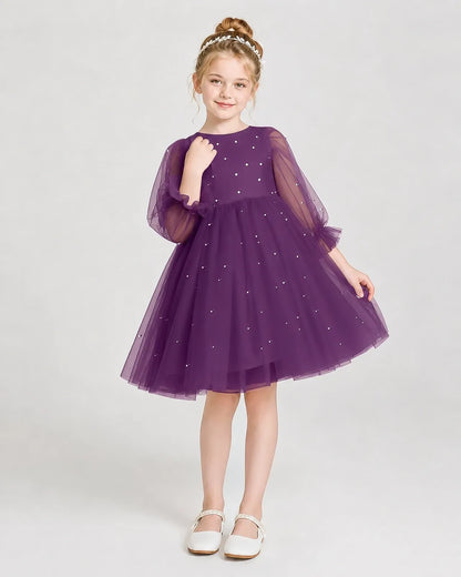 Dideyttawl Pearl Tulle Girl Formal Dress with Puff Sleeves
