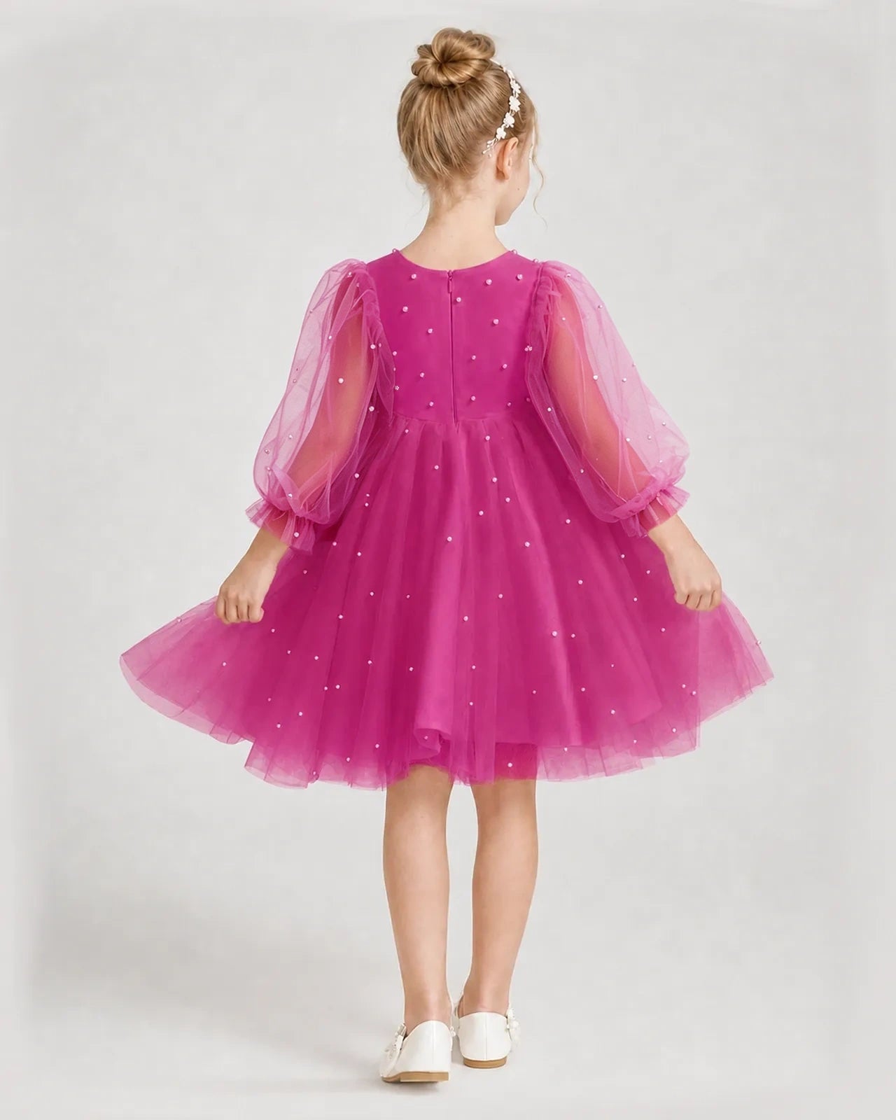 Dideyttawl Pearl Tulle Girl Formal Dress with Puff Sleeves