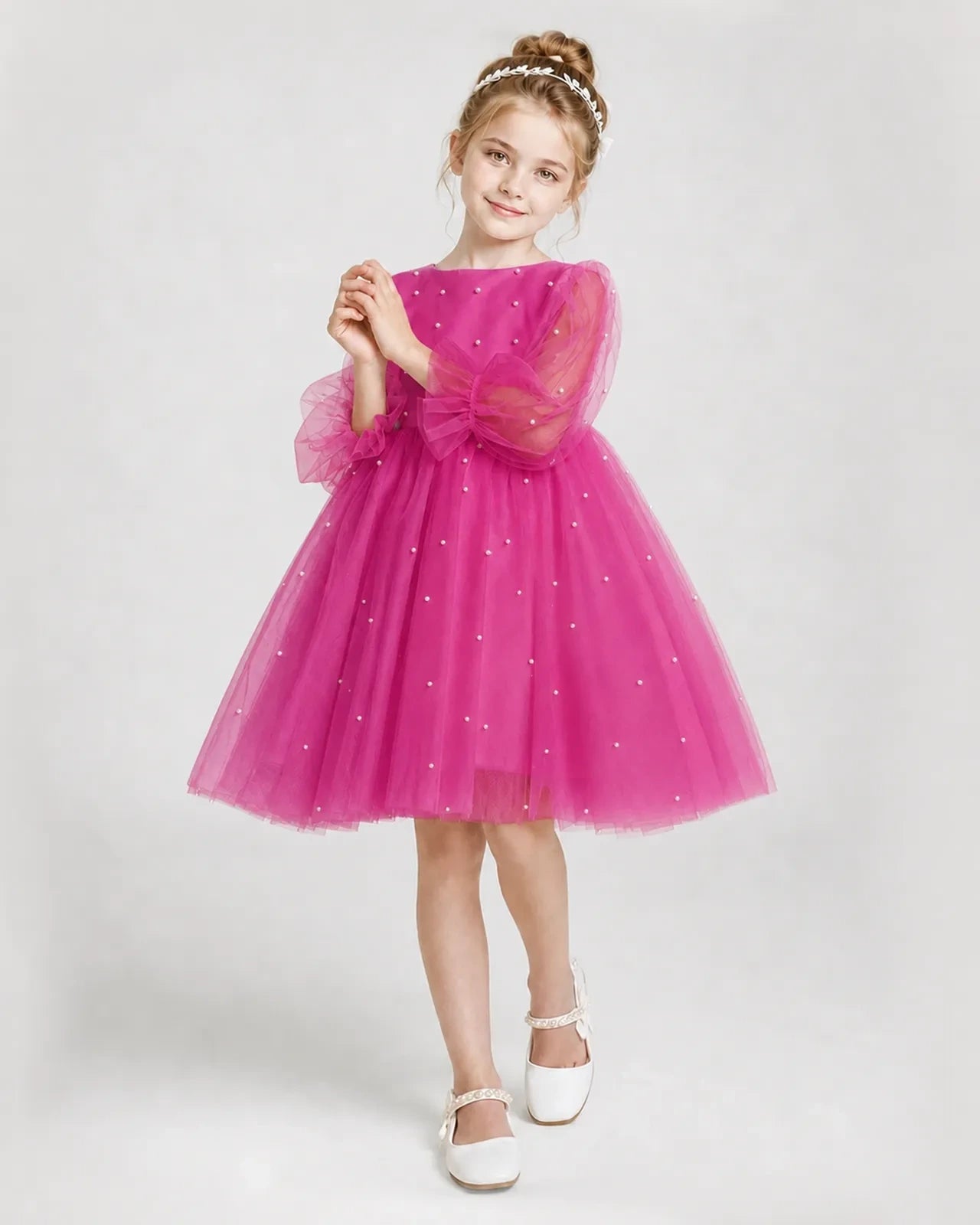Dideyttawl Pearl Tulle Girl Formal Dress with Puff Sleeves