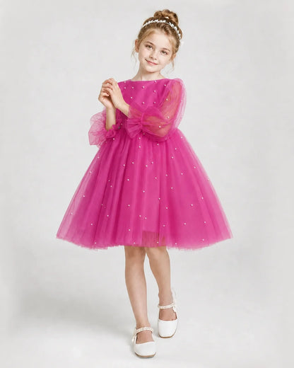 Dideyttawl Pearl Tulle Girl Formal Dress with Puff Sleeves
