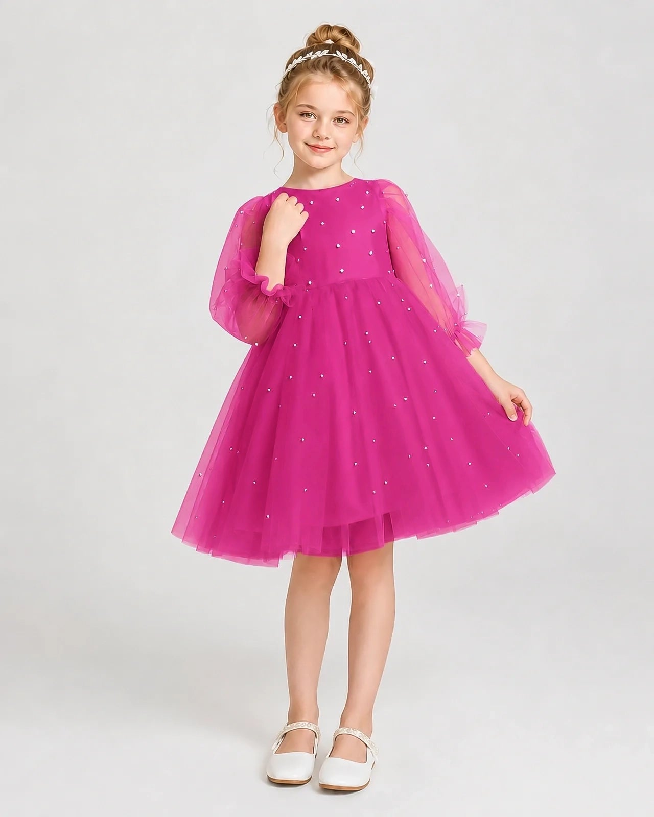 Dideyttawl Pearl Tulle Girl Formal Dress with Puff Sleeves