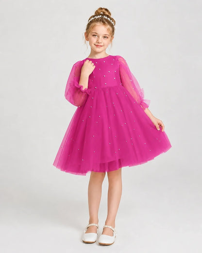 Dideyttawl Pearl Tulle Girl Formal Dress with Puff Sleeves