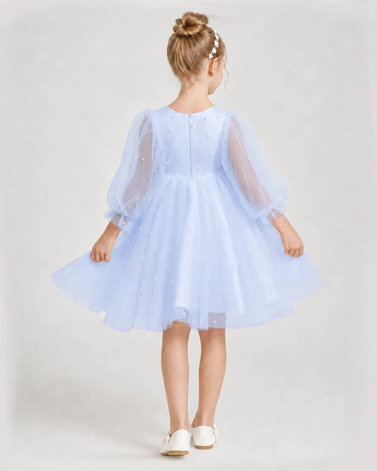 Dideyttawl Pearl Tulle Girl Formal Dress with Puff Sleeves